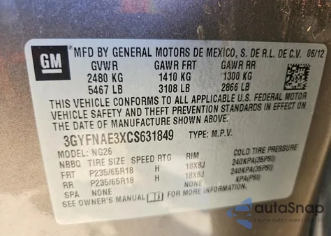 2012 Cadillac Srx Luxury Collection z USA, uszkodzony, nr VIN 3GYFNAE3XCS631849